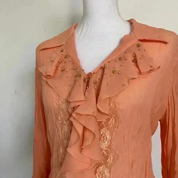 Orange ruffle button down long sleeve. - Picture 2 of 5
